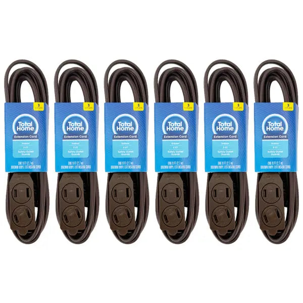 6 Pack - Total Home 3 Outlet Extension Cord 9ft Brown Vinyl Total Home